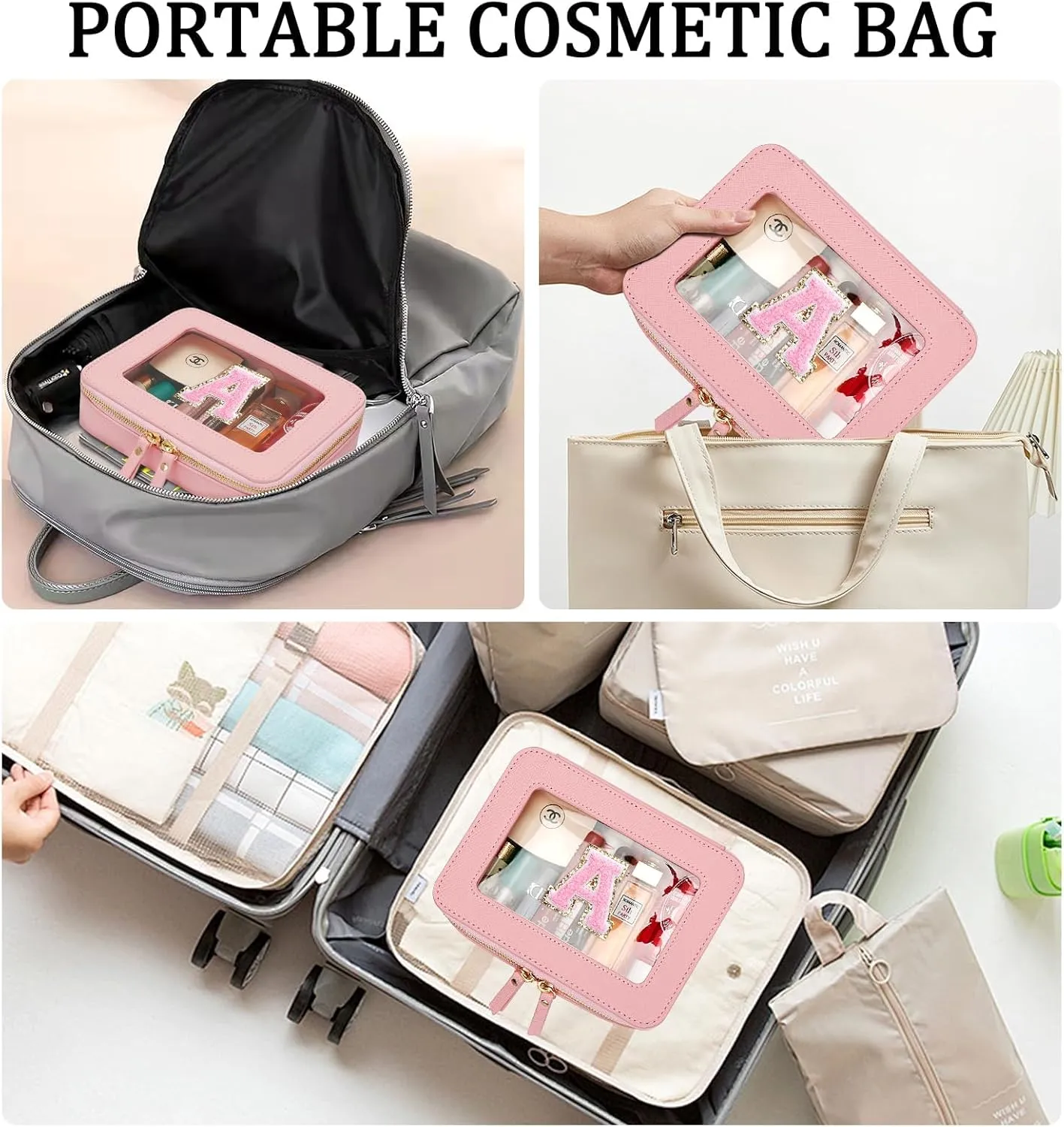Cosmetic Bags for Women - Initial Toiletry Bag for Girls with Zipper, Clear & Potable Makeup Bag for Travel, Cosmetic Pouch Perfect Gifts for Graduation (Pink, A)