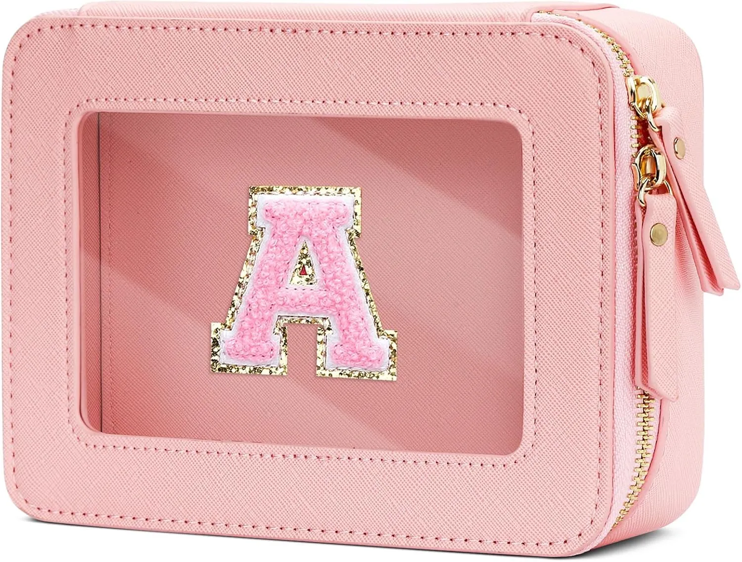 Cosmetic Bags for Women - Initial Toiletry Bag for Girls with Zipper, Clear & Potable Makeup Bag for Travel, Cosmetic Pouch Perfect Gifts for Graduation (Pink, A)
