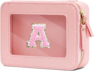 Cosmetic Bags for Women - Initial Toiletry Bag for Girls with Zipper, Clear & Potable Makeup Bag for Travel, Cosmetic Pouch Perfect Gifts for Graduation (Pink, A)