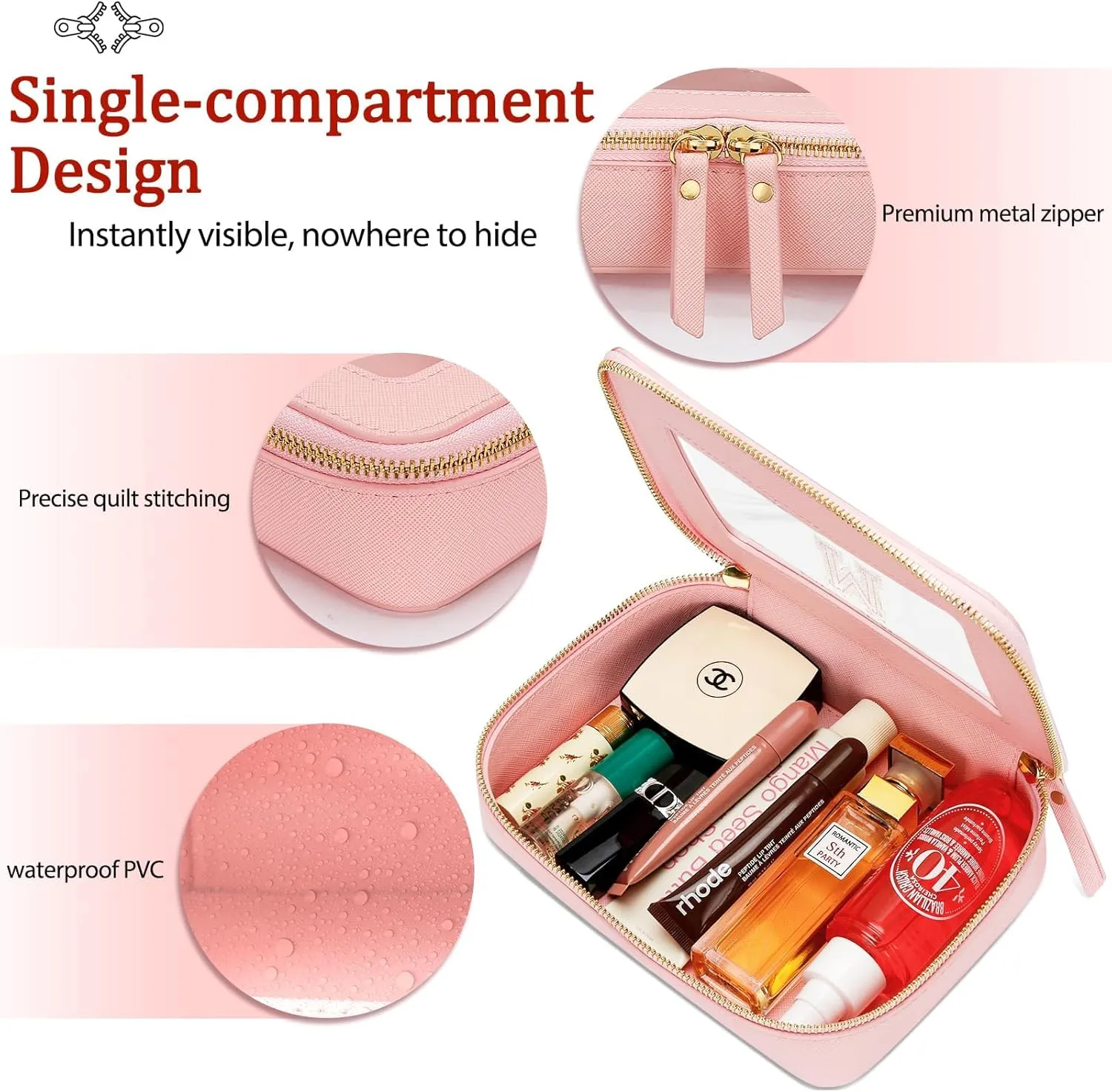 Cosmetic Bags for Women - Initial Toiletry Bag for Girls with Zipper, Clear & Potable Makeup Bag for Travel, Cosmetic Pouch Perfect Gifts for Graduation (Pink, A)