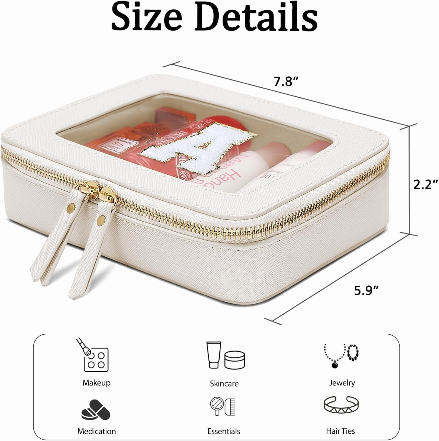 Cosmetic Bags for Women - Initial Toiletry Bag for Girls with Zipper, Clear & Potable Makeup Bag for Travel, Cosmetic Pouch Perfect Gifts for Graduation (Beige, A)