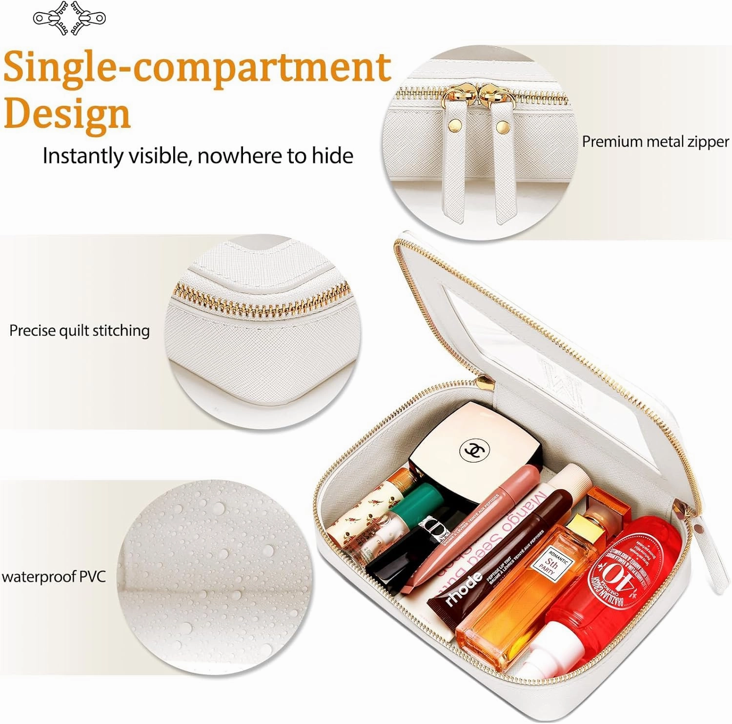 Cosmetic Bags for Women - Initial Toiletry Bag for Girls with Zipper, Clear & Potable Makeup Bag for Travel, Cosmetic Pouch Perfect Gifts for Graduation (Beige, A)