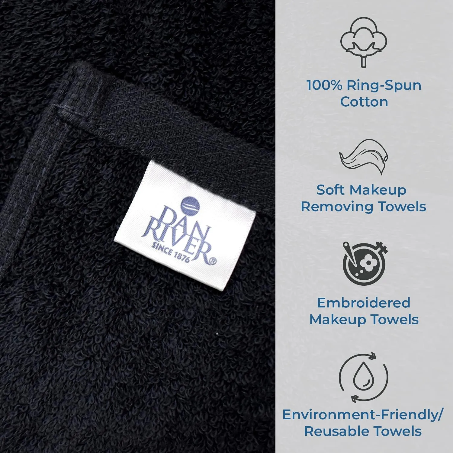 DAN RIVER Makeup Towel 100% Spun Cotton - (Pack of 6) Luxuriously Soft Reusable Makeup Remover Cloth, Facial Cleansing Cloth, of 6 13x13 Inch, Black Towels – Salon