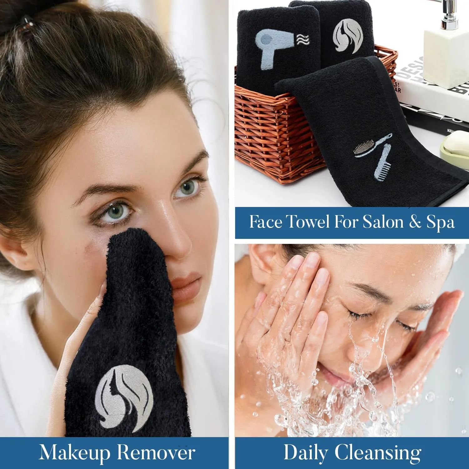 DAN RIVER Makeup Towel 100% Spun Cotton - (Pack of 6) Luxuriously Soft Reusable Makeup Remover Cloth, Facial Cleansing Cloth, of 6 13x13 Inch, Black Towels – Salon