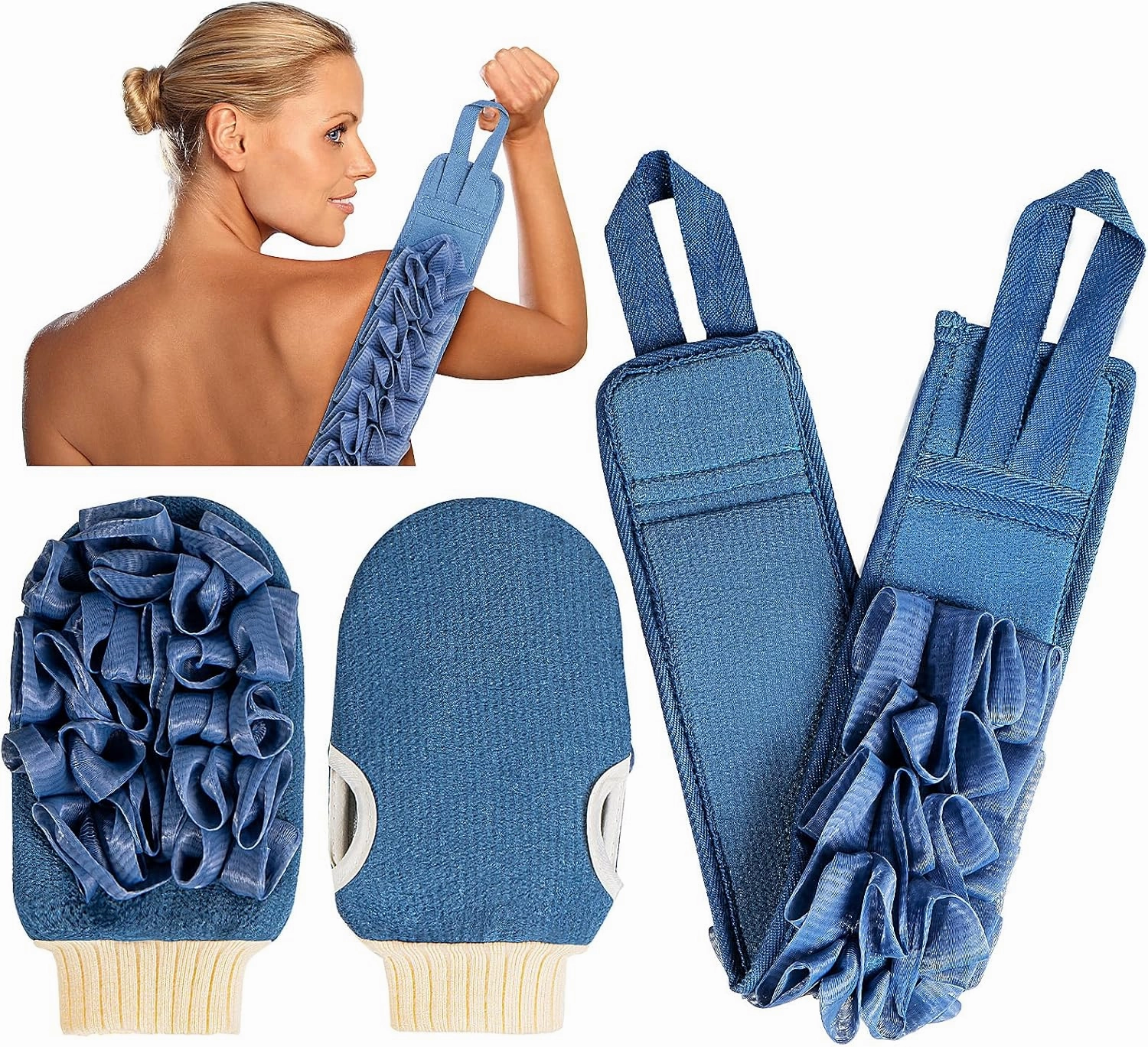 Deep Exfoliating Mitt Double-Sided Glove for Shower, with Long Exfoliating Washcloth Towel - Extreme Body & Back Scrubber Exfoliator, Body Massage Scrub & Bath Shower Loofah Sponge (2-Blue)