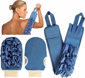 Deep Exfoliating Mitt Double-Sided Glove for Shower, with Long Exfoliating Washcloth Towel - Extreme Body & Back Scrubber Exfoliator, Body Massage Scrub & Bath Shower Loofah Sponge (2-Blue)