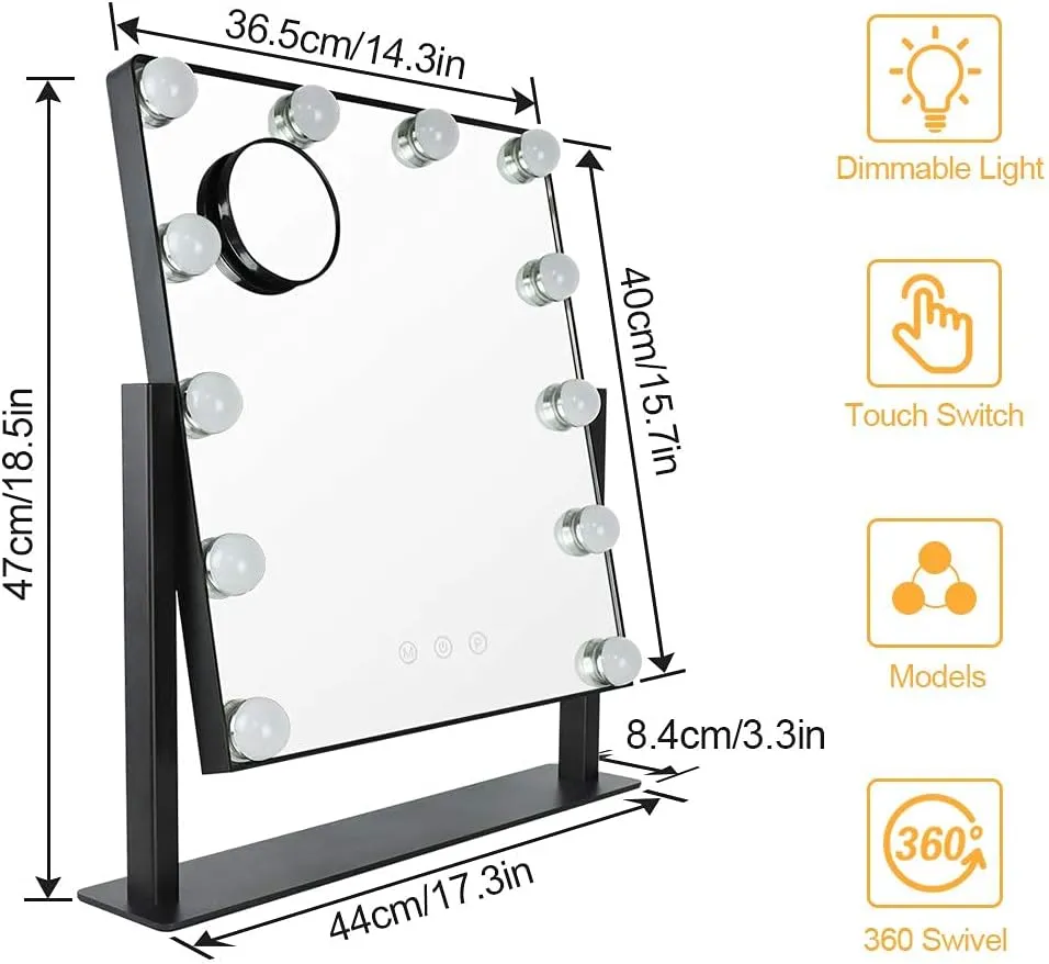 Depuley Makeup Vanity Mirror Lights, Hollywood Plug in Lighted Mirror with 12 Dimmable LED Lights, 3 Color Modes Light-up Mirror with 360°Rotation, Smart Touch Control, 10X Magnification(Black)