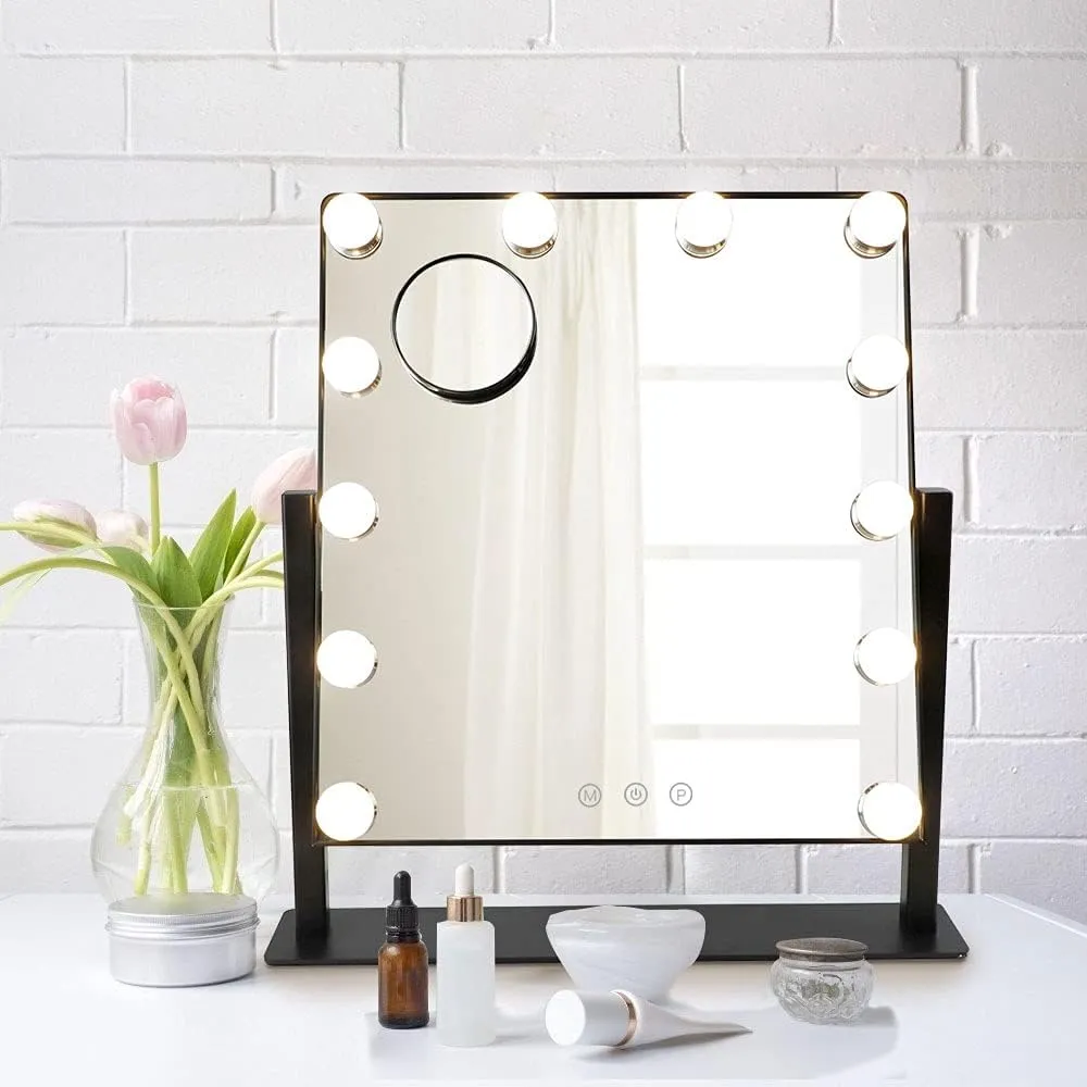 Depuley Makeup Vanity Mirror Lights, Hollywood Plug in Lighted Mirror with 12 Dimmable LED Lights, 3 Color Modes Light-up Mirror with 360°Rotation, Smart Touch Control, 10X Magnification(Black)