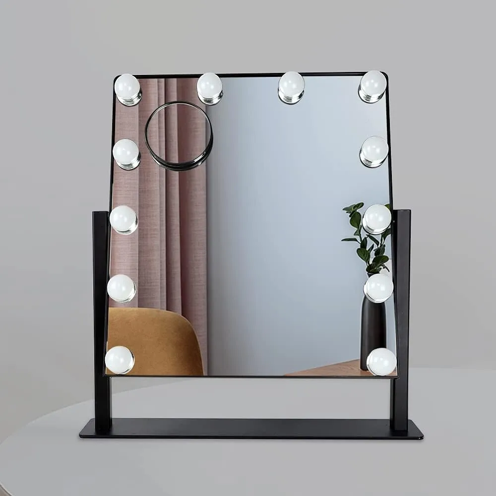 Depuley Makeup Vanity Mirror Lights, Hollywood Plug in Lighted Mirror with 12 Dimmable LED Lights, 3 Color Modes Light-up Mirror with 360°Rotation, Smart Touch Control, 10X Magnification(Black)