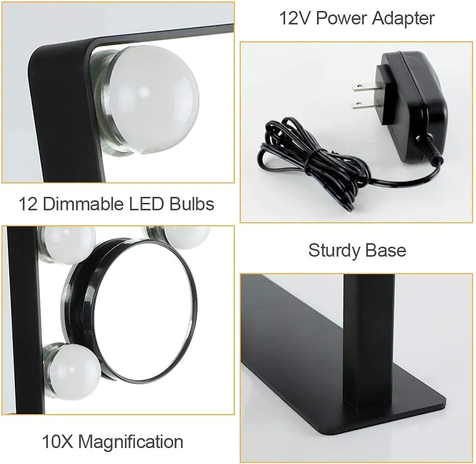 Depuley Makeup Vanity Mirror Lights, Hollywood Plug in Lighted Mirror with 12 Dimmable LED Lights, 3 Color Modes Light-up Mirror with 360°Rotation, Smart Touch Control, 10X Magnification(Black)
