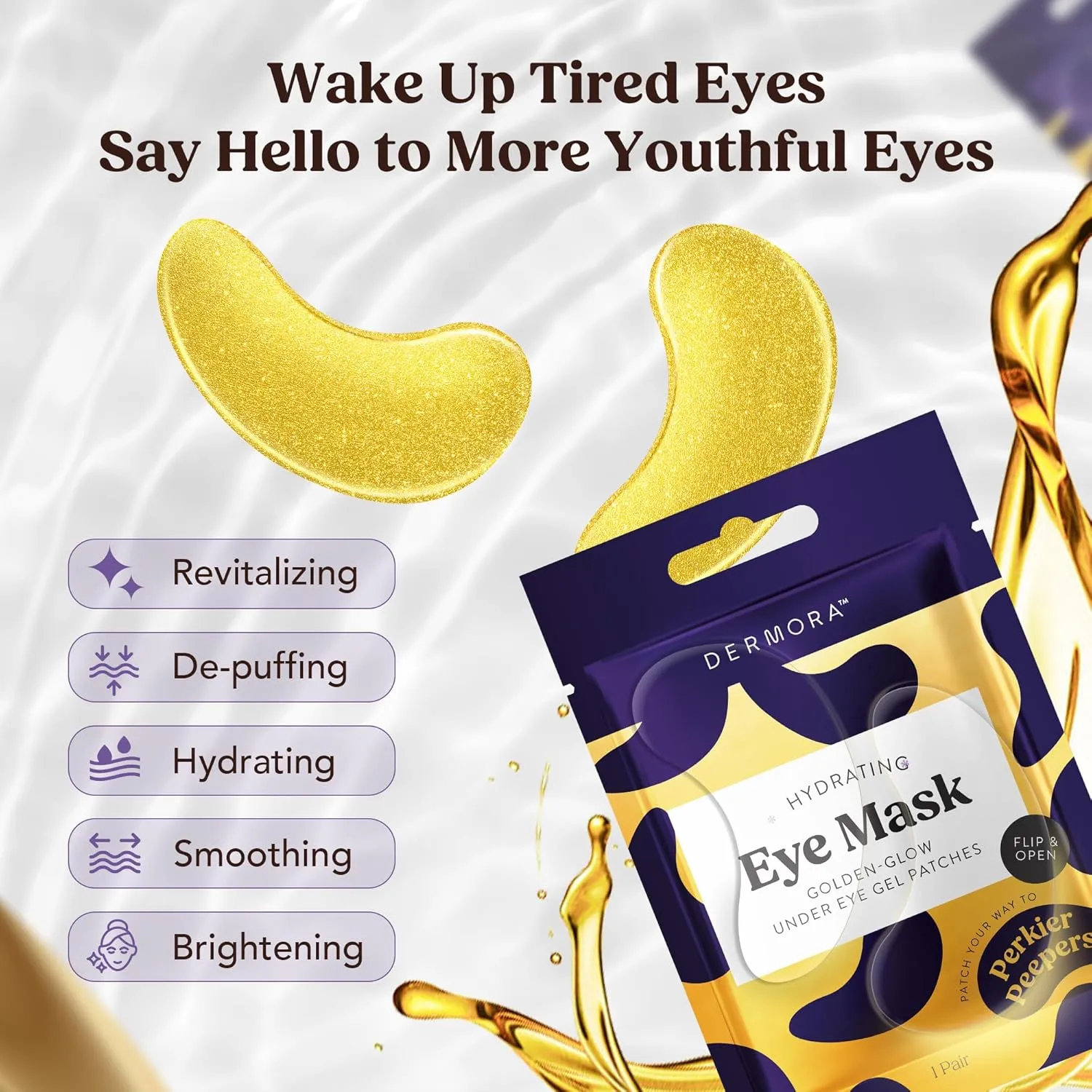 DERMORA Golden Glow Under Eye Patches (30 Pairs Eye Gels) - Rejuvenating Treatment for Dark Circles, Puffy Eyes, Refreshing, Revitalizing, Travel, Wrinkles