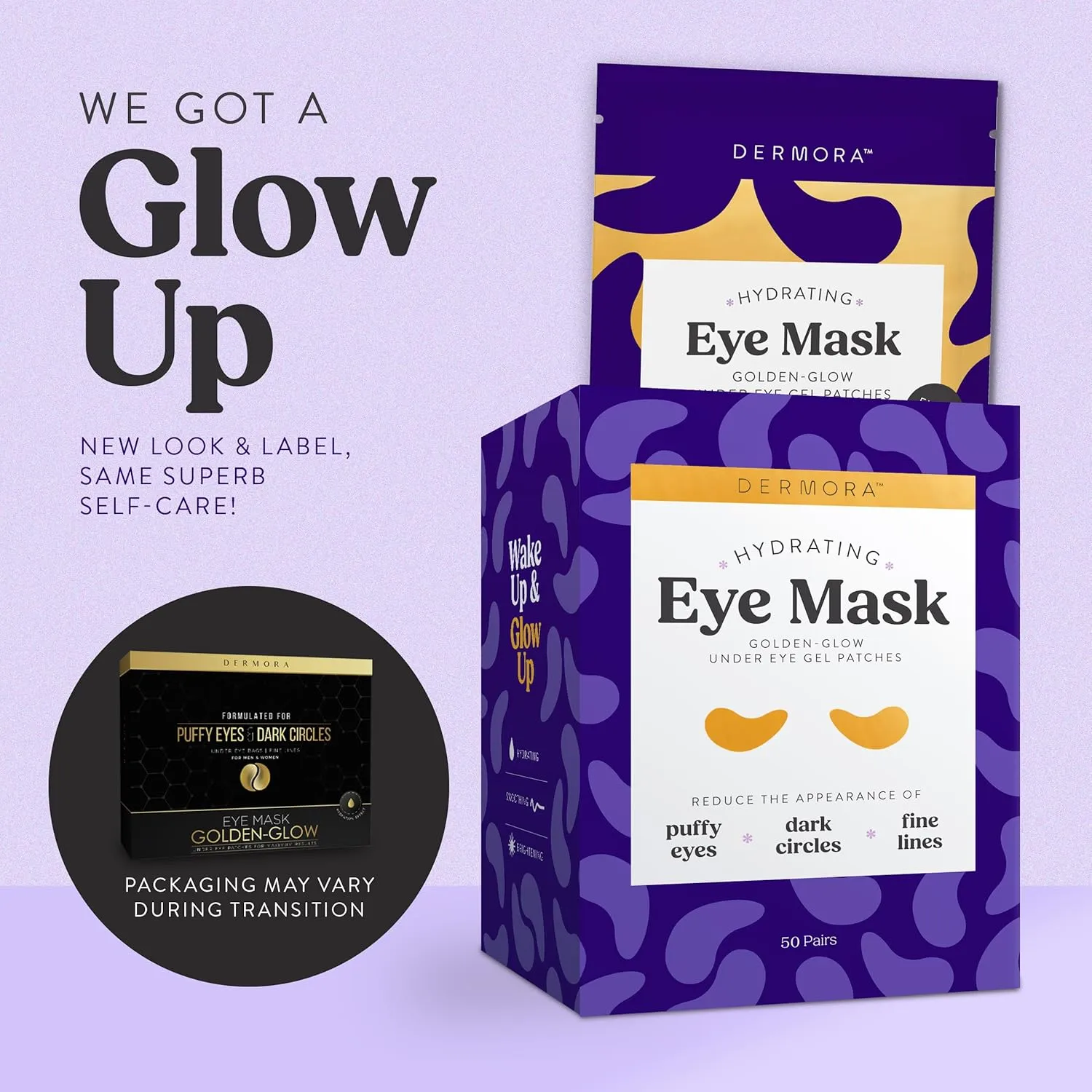DERMORA Golden Glow Under Eye Patches (50 Pairs Eye Gels) - Rejuvenating Treatment for Dark Circles, Puffy Eyes, Refreshing, Revitalizing, Travel, Wrinkles