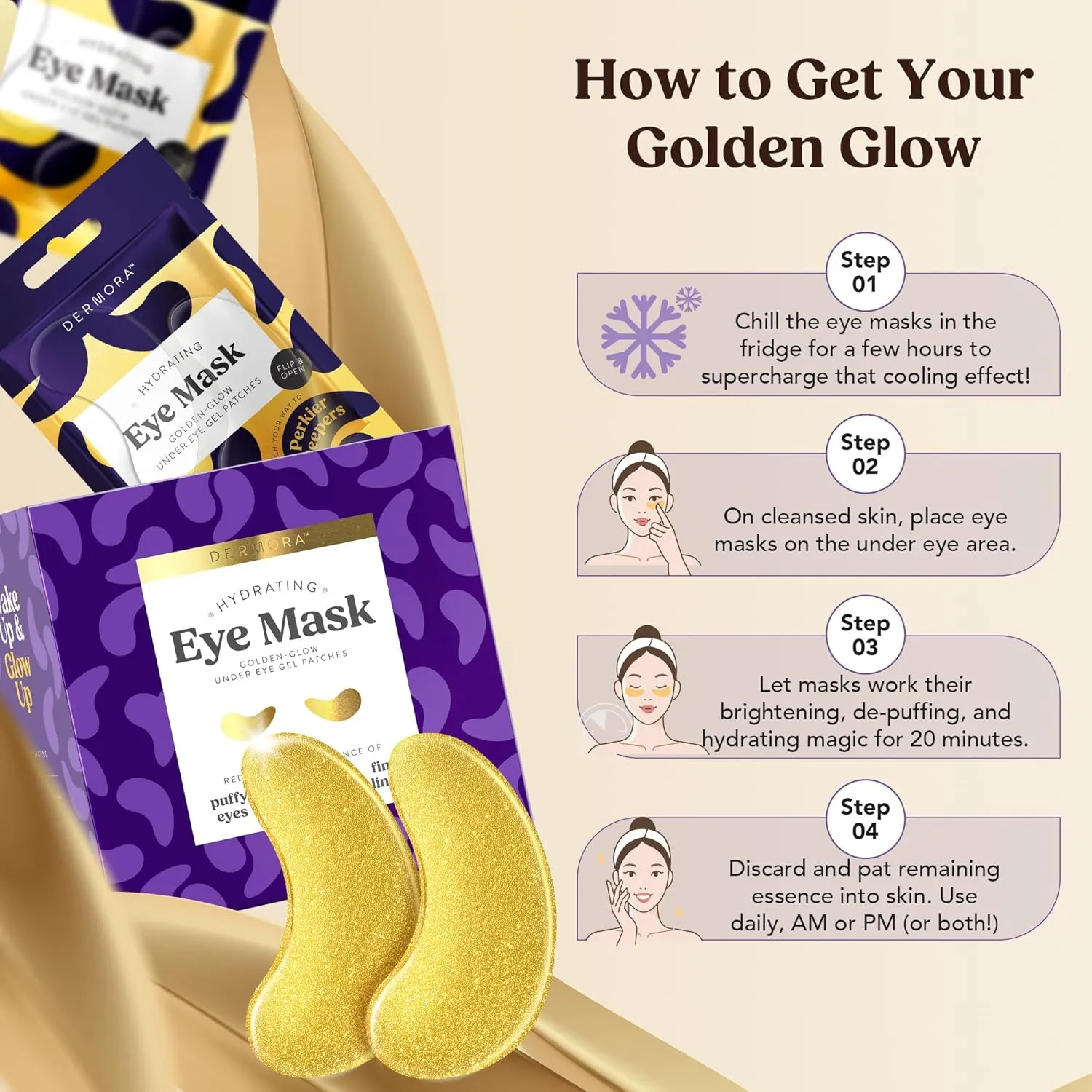 DERMORA Golden Glow Under Eye Patches (50 Pairs Eye Gels) - Rejuvenating Treatment for Dark Circles, Puffy Eyes, Refreshing, Revitalizing, Travel, Wrinkles