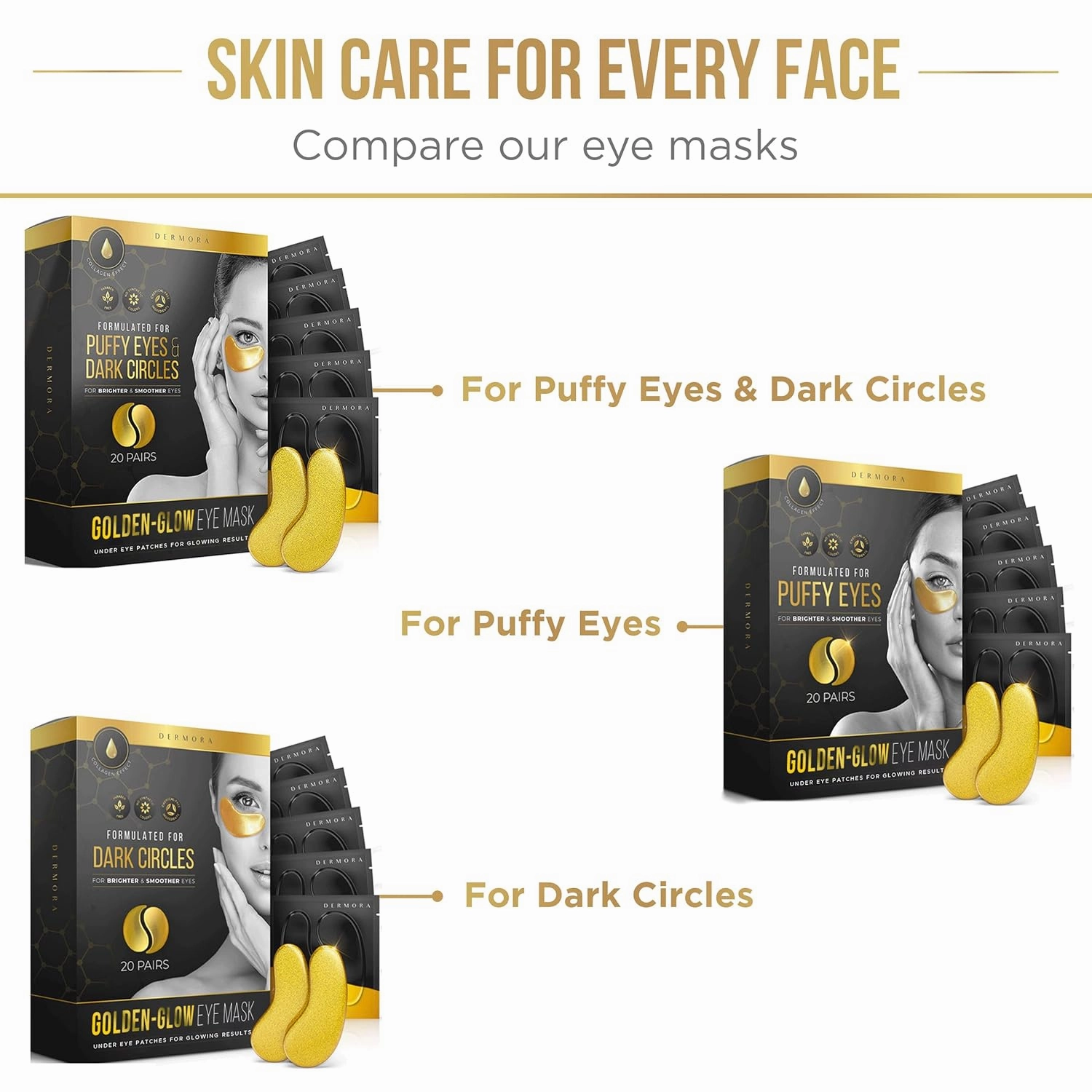 DERMORA Golden Glow Under Eye Patches (20 Pairs Eye Gels) - Rejuvenating Treatment for Dark Circles, Puffy Eyes, Refreshing, Revitalizing, Travel, Wrinkles