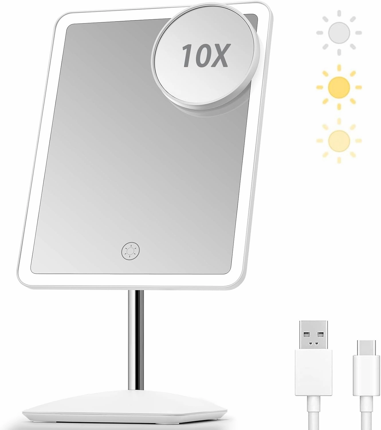 DESCHEN 2000mAh Rechargeable Makeup Vanity Mirror with Lights, 11.6" Large Lighted Makeup Mirror with 3 Color Lights and Detachable 10X Magnification, Light Make Up Mirror with Lighting (Solid White)
