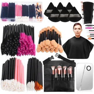 Disposable Makeup Applicators Kit, Includes Disposable Mascara Wands Eyeliner Brushes Eyeshadow Lip Applicators with Organizer Box Powder Puffs Mixing Palette Makeup Tools 10.85 * 7.5 * 3.10