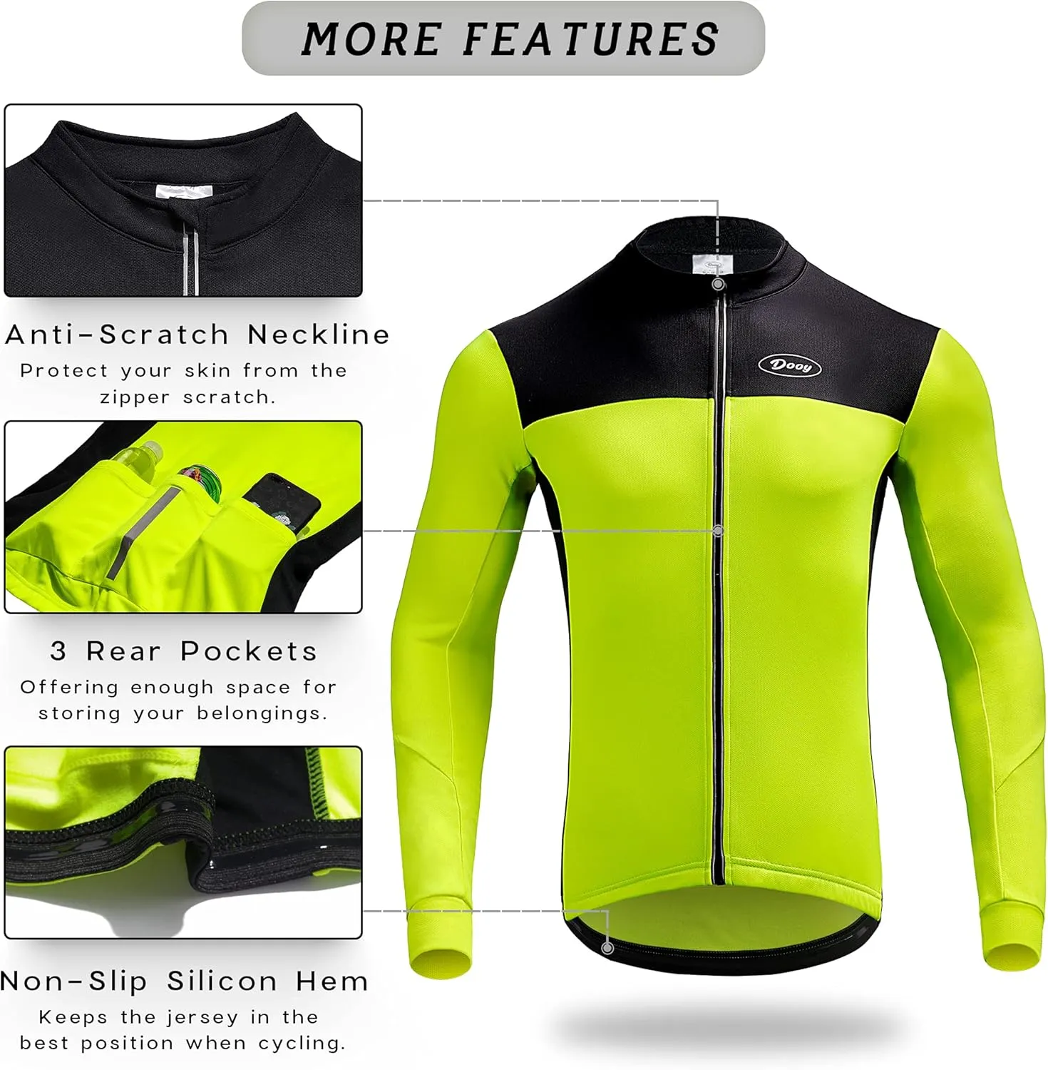 Dooy Men's Cycling Bike Jersey Thermal Biking Shirt Long Sleeve Bicycle Shirts with Full Zipper and Rear Pockets