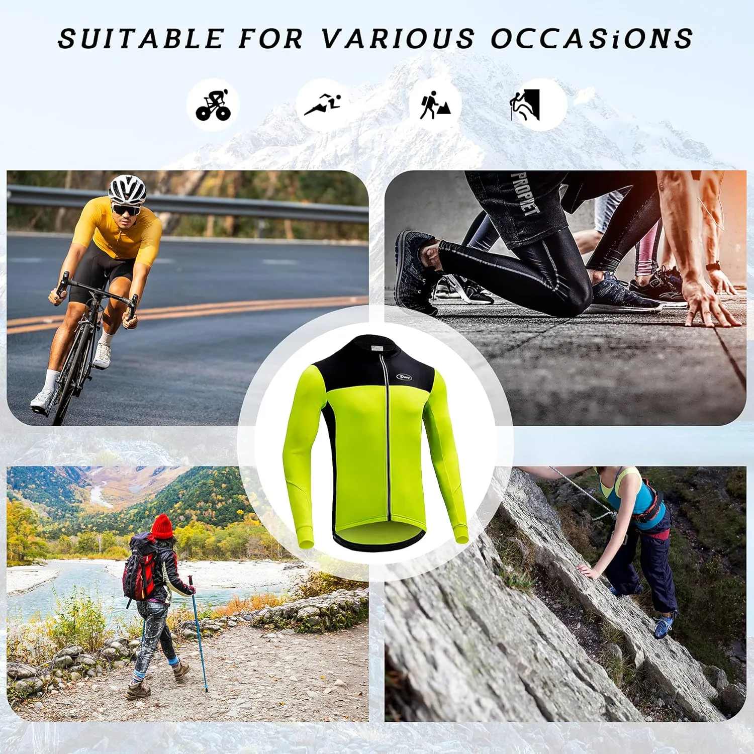 Dooy Men's Cycling Bike Jersey Thermal Biking Shirt Long Sleeve Bicycle Shirts with Full Zipper and Rear Pockets