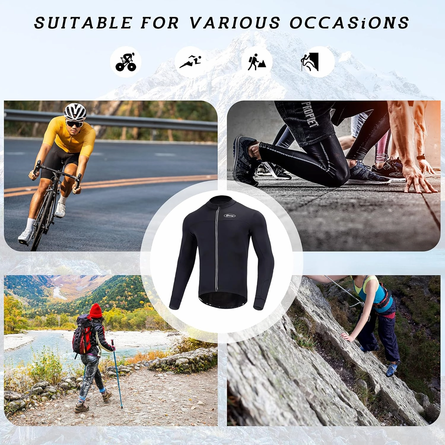 Dooy Men's Cycling Bike Jersey Thermal Biking Shirt Long Sleeve Bicycle Shirts with Full Zipper and Rear Pockets