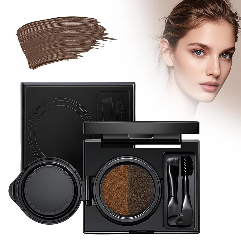 Double Color Mist Air Cushion Eyebrow Cream, 2025 New Eyebrow Eyeliner Cream with Stamp Eyeliner Wing Tool, 2 In 1 Waterproof Brow Powder Eyeliner Cream with Double Ended Brush (Brown)