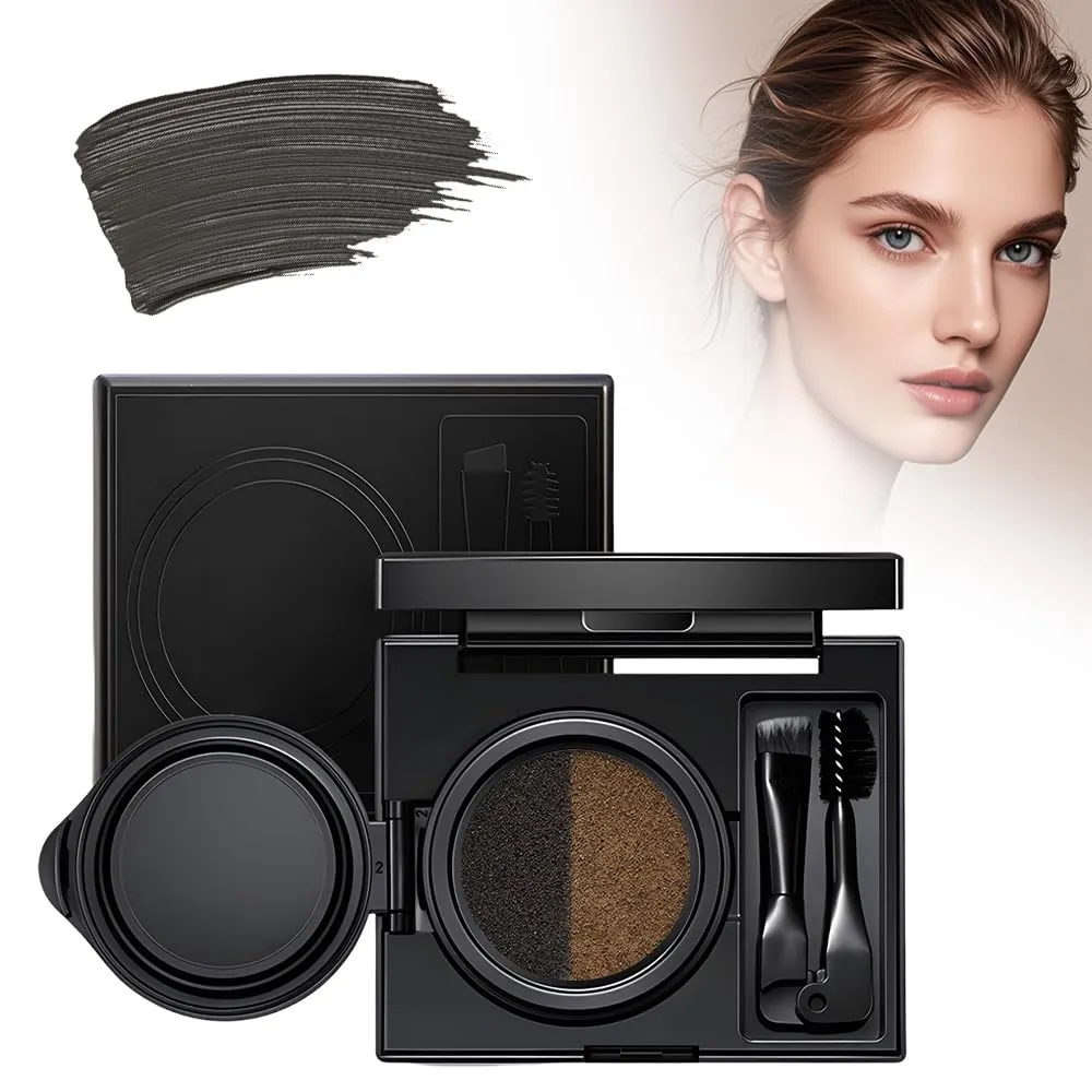 Double Color Mist Air Cushion Eyebrow Cream, 2025 New Eyebrow Eyeliner Cream with Stamp Eyeliner Wing Tool, 2 In 1 Waterproof Brow Powder Eyeliner Cream with Double Ended Brush (Grey)
