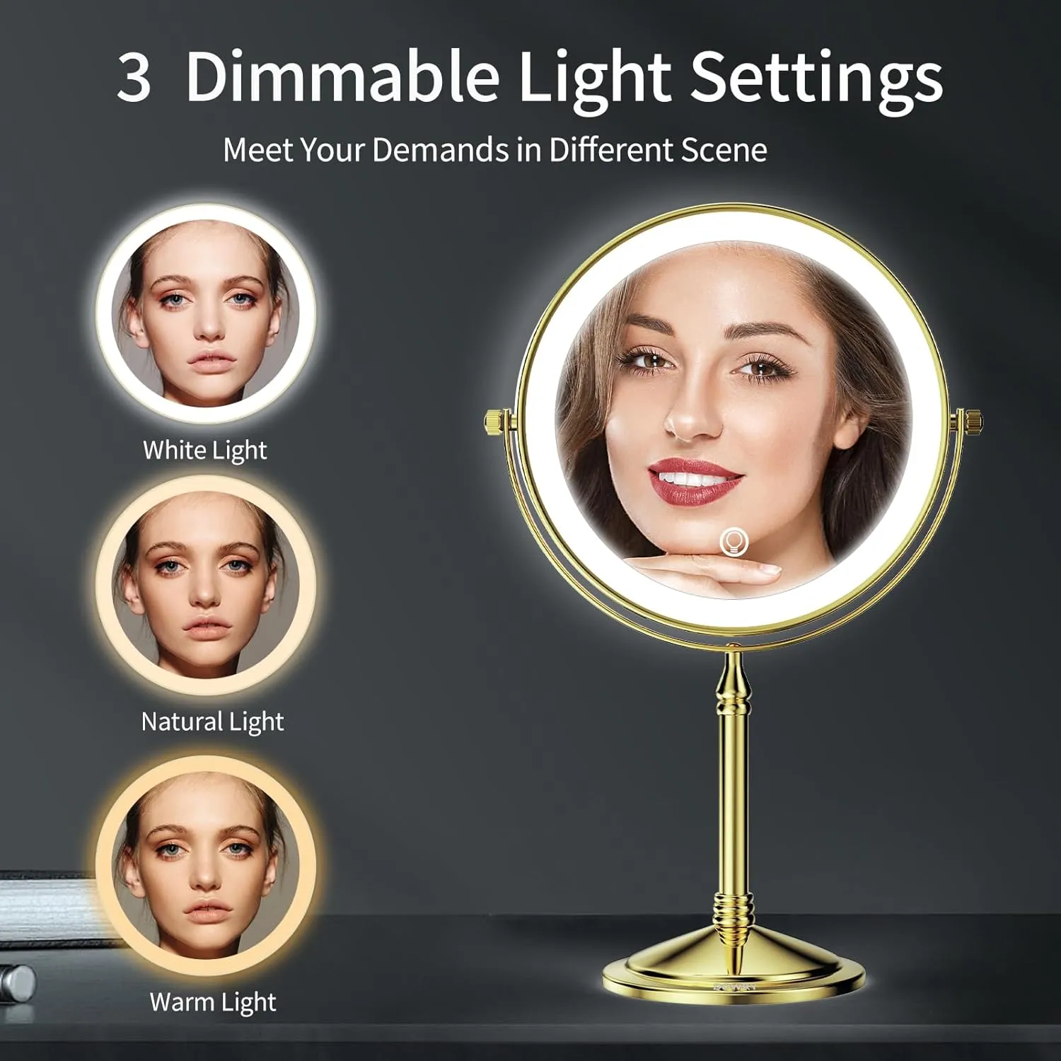 DOWRY Rechargeable Lighted Makeup Mirror 10x Magnification Vanity Mirror Tabletop Two-Sided Swivel Gold Finish