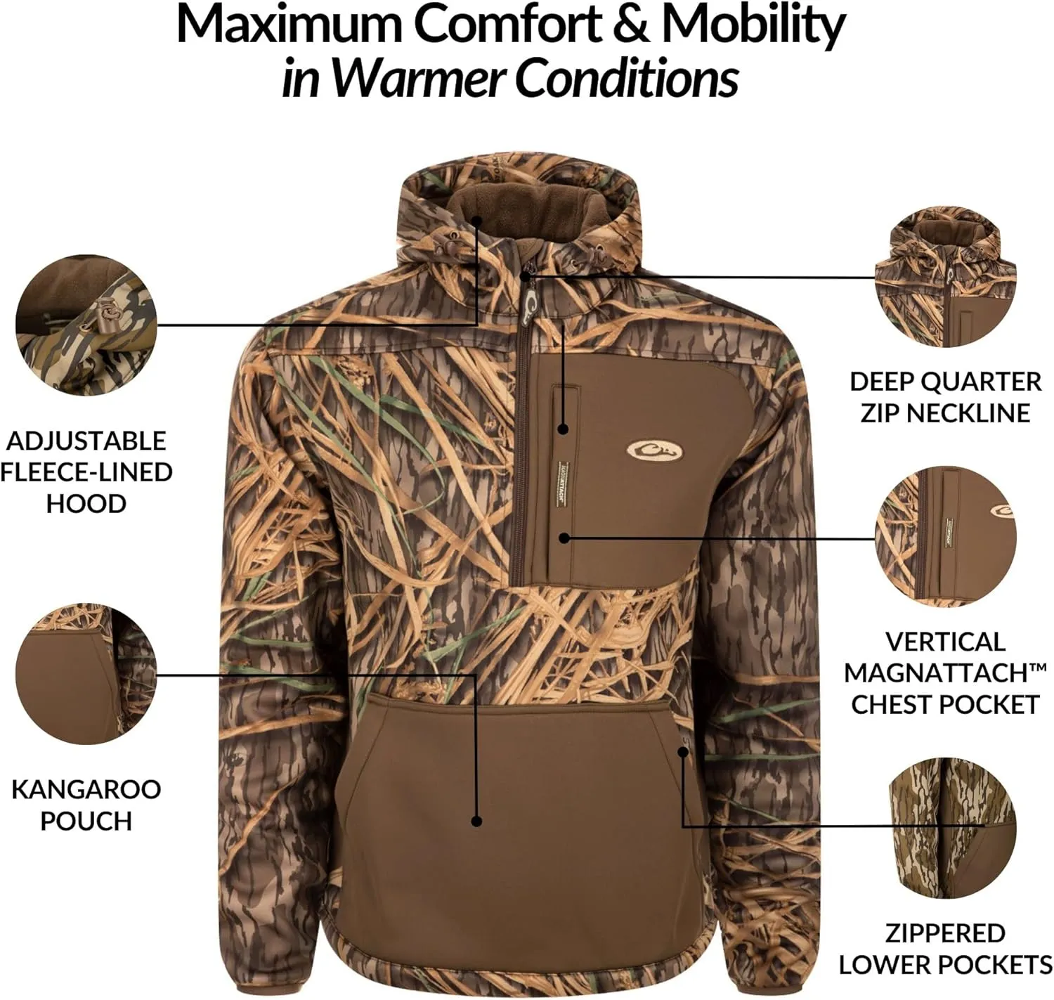 Drake Waterfowl Men's MST Endurance Hunting Warm Quarter-Zip Fleece Lined Hoodie w/Kangaroo Pouch & Magnattach Chest Pocket