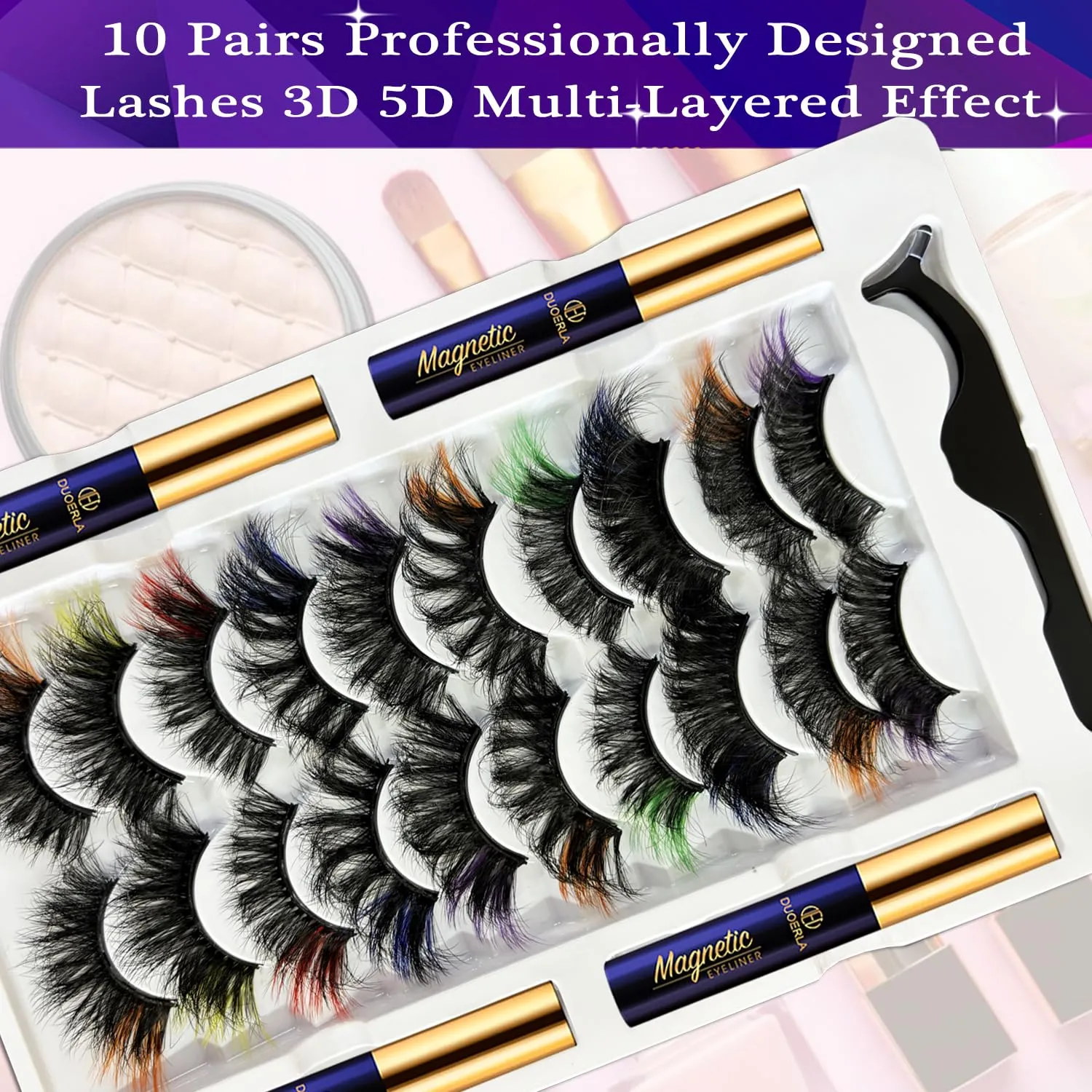 DUOERLA Magnetic Eyelashes 8D Luxury Volume Fluffy Colored Eyelashes Magnetic Lashes with Eyeliner Kit, Cat-Eye 18-23MM Long Cruelty-Free&Vegan 10 Pairs