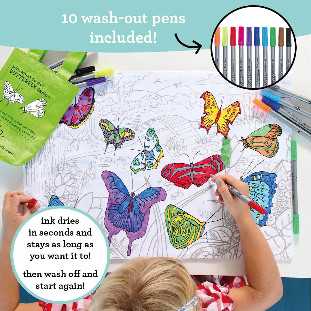 Eatsleepdoodle Butterfly Placemat in Its Own Cotton Carry Bag to Color in, Fun Educational Butterflies Coloring Placemat, Washable Felt Tip Fabric Markers Included