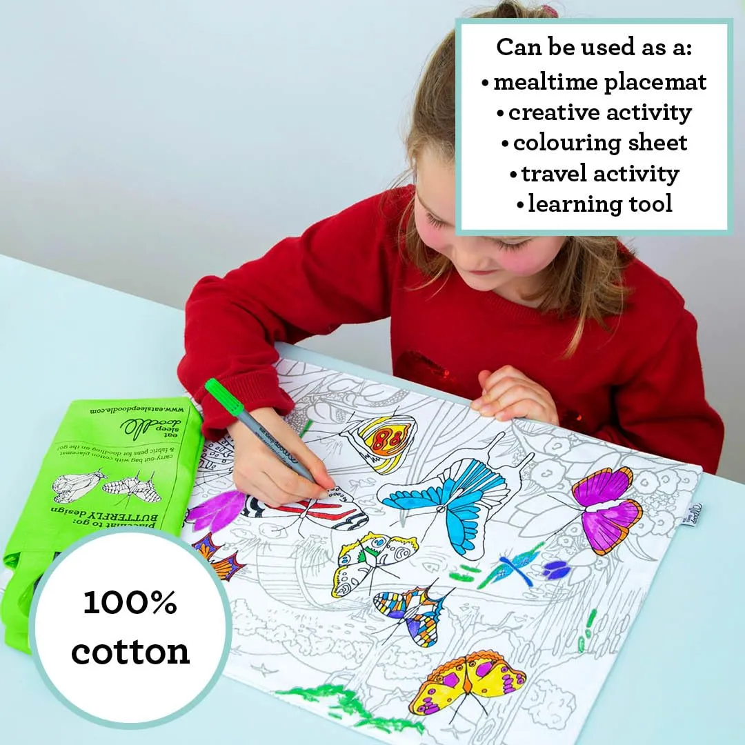 Eatsleepdoodle Butterfly Placemat in Its Own Cotton Carry Bag to Color in, Fun Educational Butterflies Coloring Placemat, Washable Felt Tip Fabric Markers Included