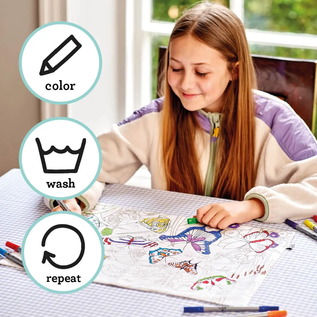 Eatsleepdoodle Butterfly Placemat in Its Own Cotton Carry Bag to Color in, Fun Educational Butterflies Coloring Placemat, Washable Felt Tip Fabric Markers Included
