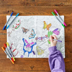 Eatsleepdoodle Butterfly Placemat in Its Own Cotton Carry Bag to Color in, Fun Educational Butterflies Coloring Placemat, Washable Felt Tip Fabric Markers Included
