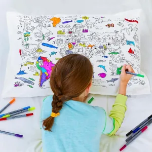 eatsleepdoodle World Map Coloring Pillowcase for Kids w/ 10pk Washable Markers for Kids - 30x20in Map Pillowcase to Color - Ultra Washable & Reusable Arts and Crafts for Kids