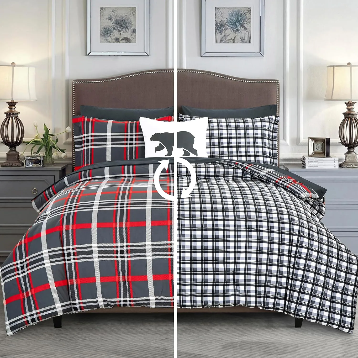 Elegant Comfort 8- Piece Lodge Plaid Reversible Comforter Set Bed-in-a-Bag Set - Silky Soft Complete Set Includes Bed Sheet Set with Double Sided Storage Pockets, Full/Queen, Gray