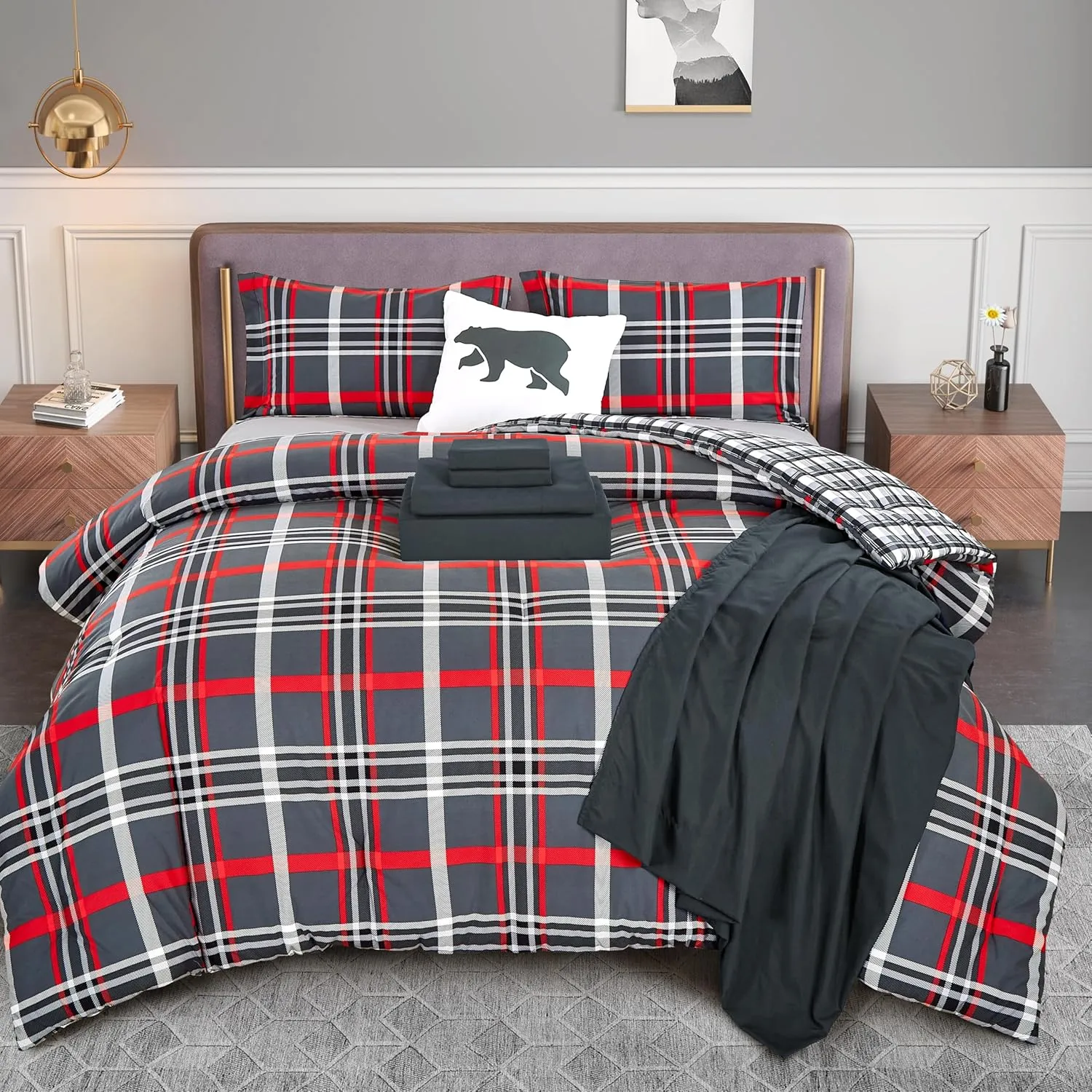 Elegant Comfort 8- Piece Lodge Plaid Reversible Comforter Set Bed-in-a-Bag Set - Silky Soft Complete Set Includes Bed Sheet Set with Double Sided Storage Pockets, Full/Queen, Gray