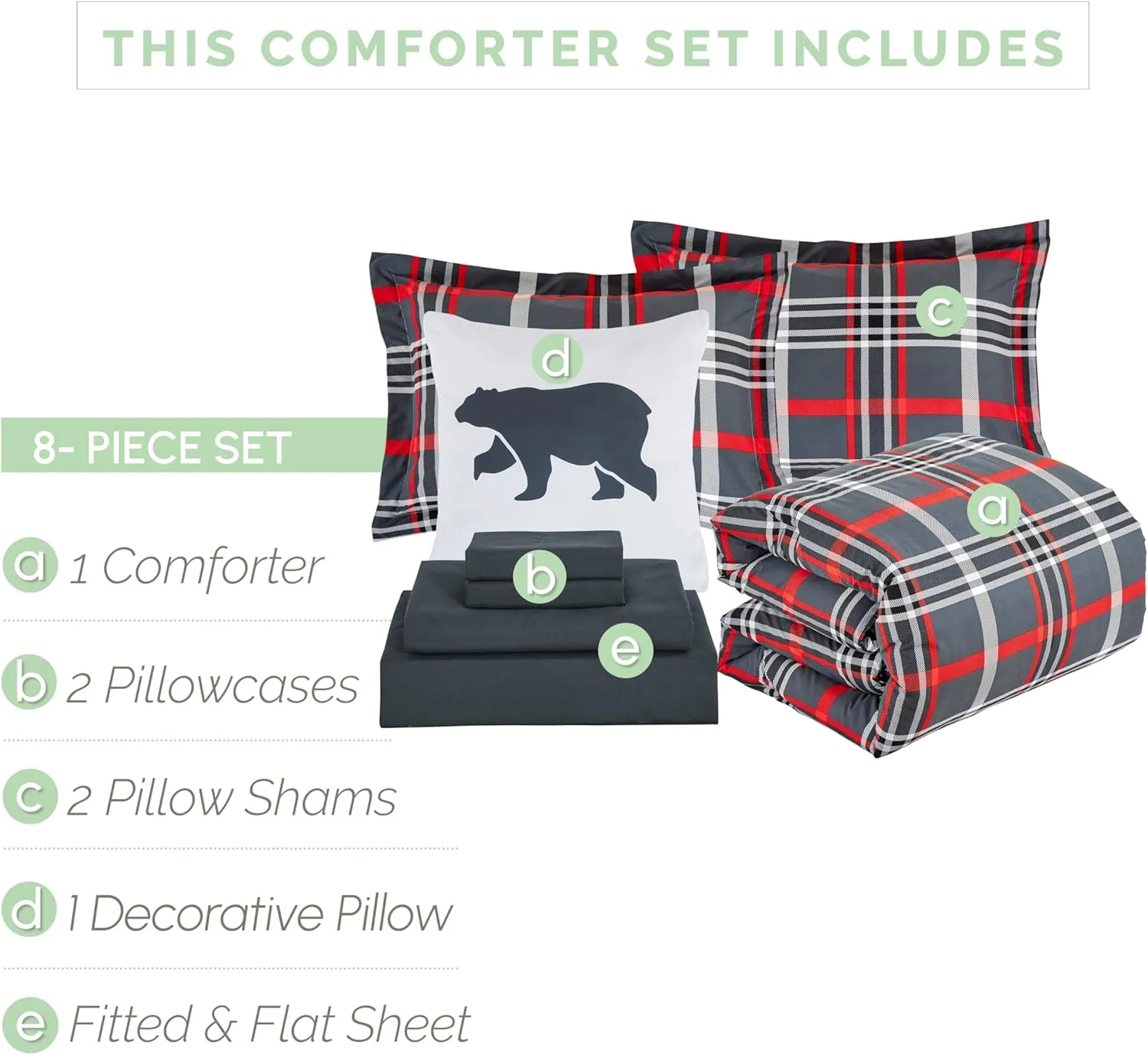 Elegant Comfort 8- Piece Lodge Plaid Reversible Comforter Set Bed-in-a-Bag Set - Silky Soft Complete Set Includes Bed Sheet Set with Double Sided Storage Pockets, Full/Queen, Gray