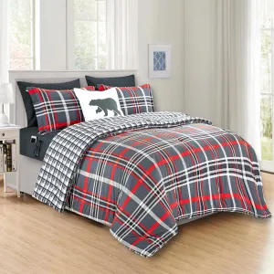 Elegant Comfort 8- Piece Lodge Plaid Reversible Comforter Set Bed-in-a-Bag Set - Silky Soft Complete Set Includes Bed Sheet Set with Double Sided Storage Pockets, Full/Queen, Gray