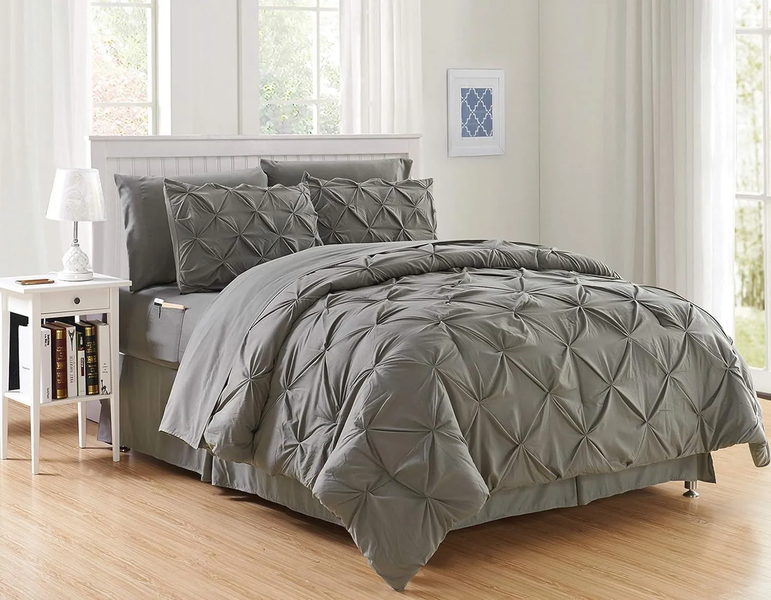 Elegant Comfort Luxury Softest, Coziest 8-Piece Bed-in-a-Bag Comforter Set - Silky Soft Complete Set Includes Bed Sheet Set with Double Sided Storage Pockets, Full/Queen, Gray