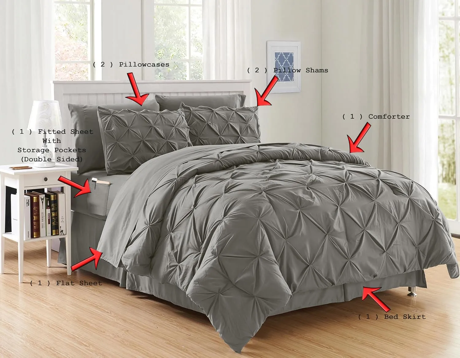 Elegant Comfort Luxury Softest, Coziest 8-Piece Bed-in-a-Bag Comforter Set - Silky Soft Complete Set Includes Bed Sheet Set with Double Sided Storage Pockets, Full/Queen, Gray