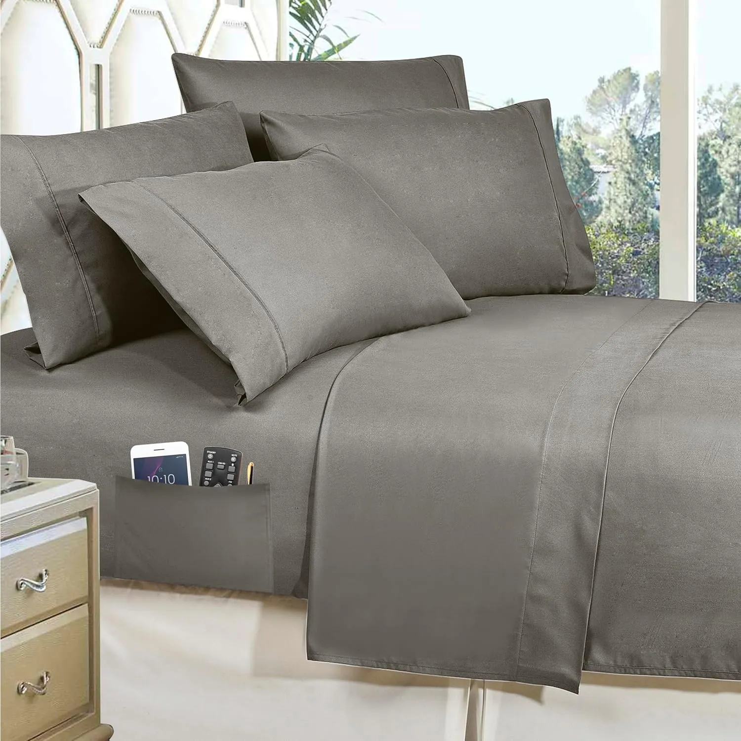 Elegant Comfort Luxury Softest, Coziest 8-Piece Bed-in-a-Bag Comforter Set - Silky Soft Complete Set Includes Bed Sheet Set with Double Sided Storage Pockets, Full/Queen, Gray