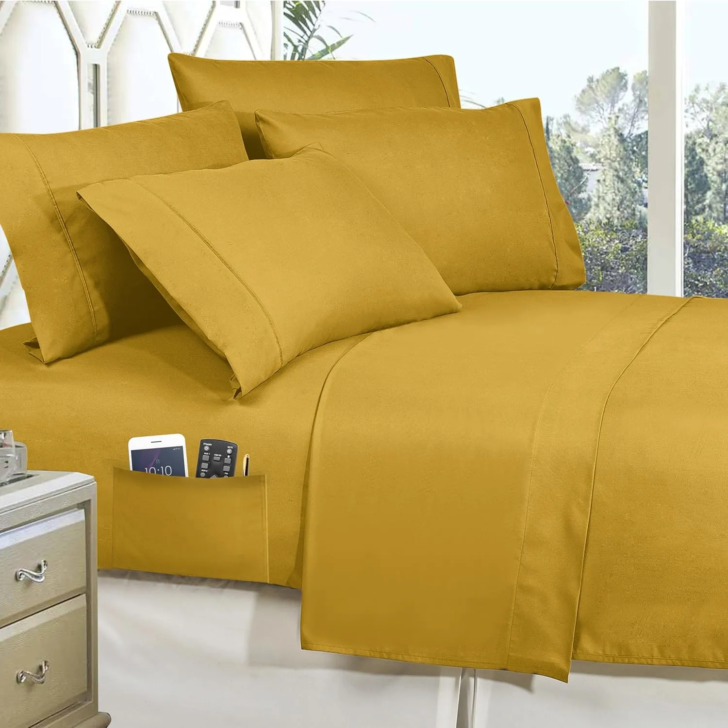 Elegant Comfort Luxury Softest, Coziest 8-Piece Bed-in-a-Bag Comforter Set - Silky Soft Complete Set Includes Bed Sheet Set with Double Sided Storage Pockets, Full/Queen, Mustard