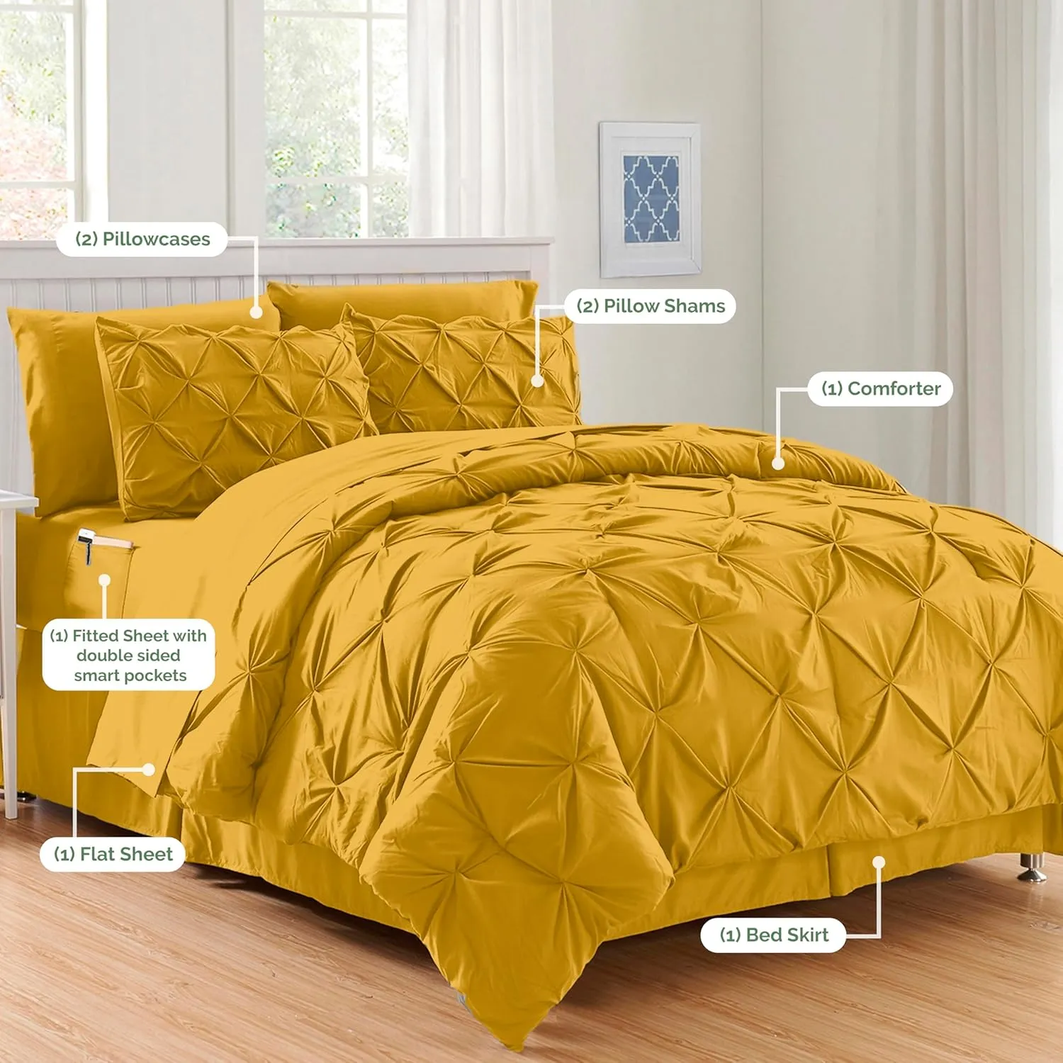 Elegant Comfort Luxury Softest, Coziest 8-Piece Bed-in-a-Bag Comforter Set - Silky Soft Complete Set Includes Bed Sheet Set with Double Sided Storage Pockets, Full/Queen, Mustard