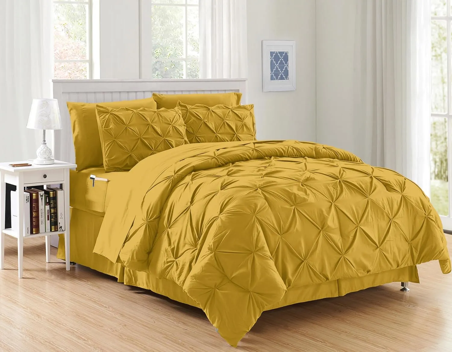 Elegant Comfort Luxury Softest, Coziest 8-Piece Bed-in-a-Bag Comforter Set - Silky Soft Complete Set Includes Bed Sheet Set with Double Sided Storage Pockets, Full/Queen, Mustard