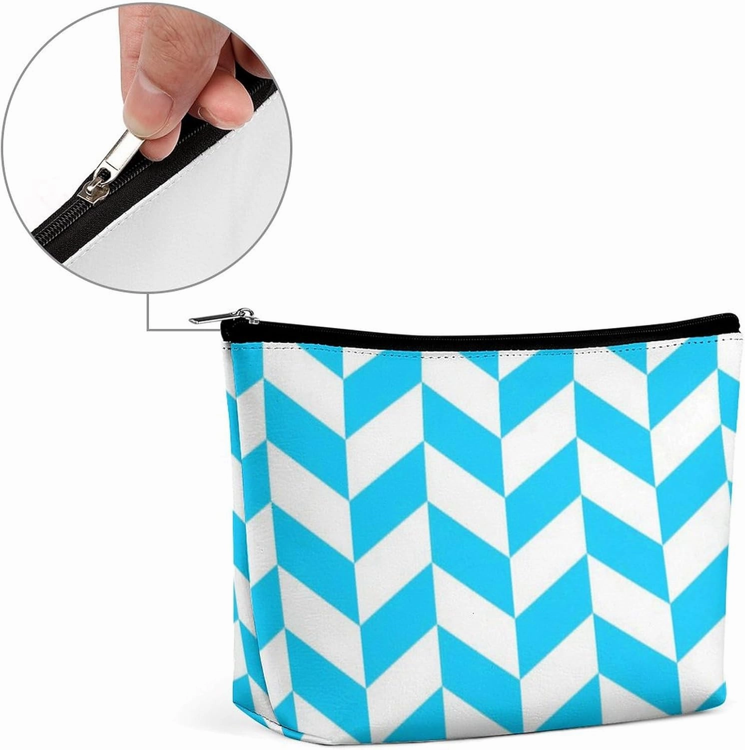 Elegant Makeup Bag, Chevron Pattern Design Aqua and White Cosmetic Bag Large Capacity Pouch Portable Organizer for Men & Women