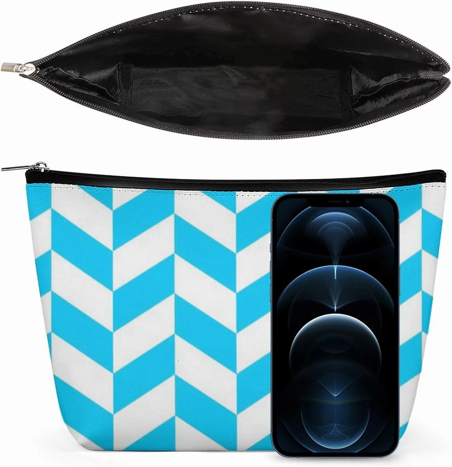 Elegant Makeup Bag, Chevron Pattern Design Aqua and White Cosmetic Bag Large Capacity Pouch Portable Organizer for Men & Women