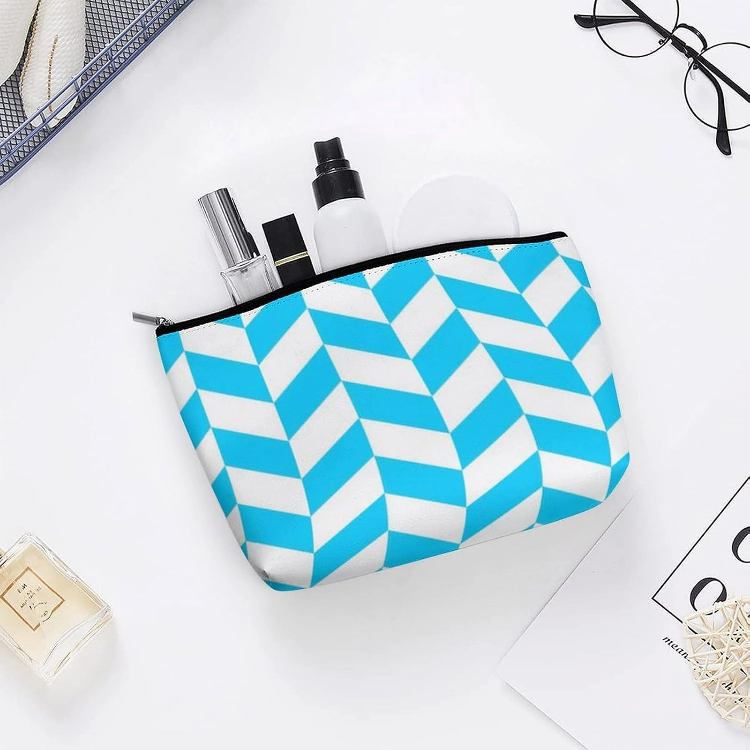 Elegant Makeup Bag, Chevron Pattern Design Aqua and White Cosmetic Bag Large Capacity Pouch Portable Organizer for Men & Women
