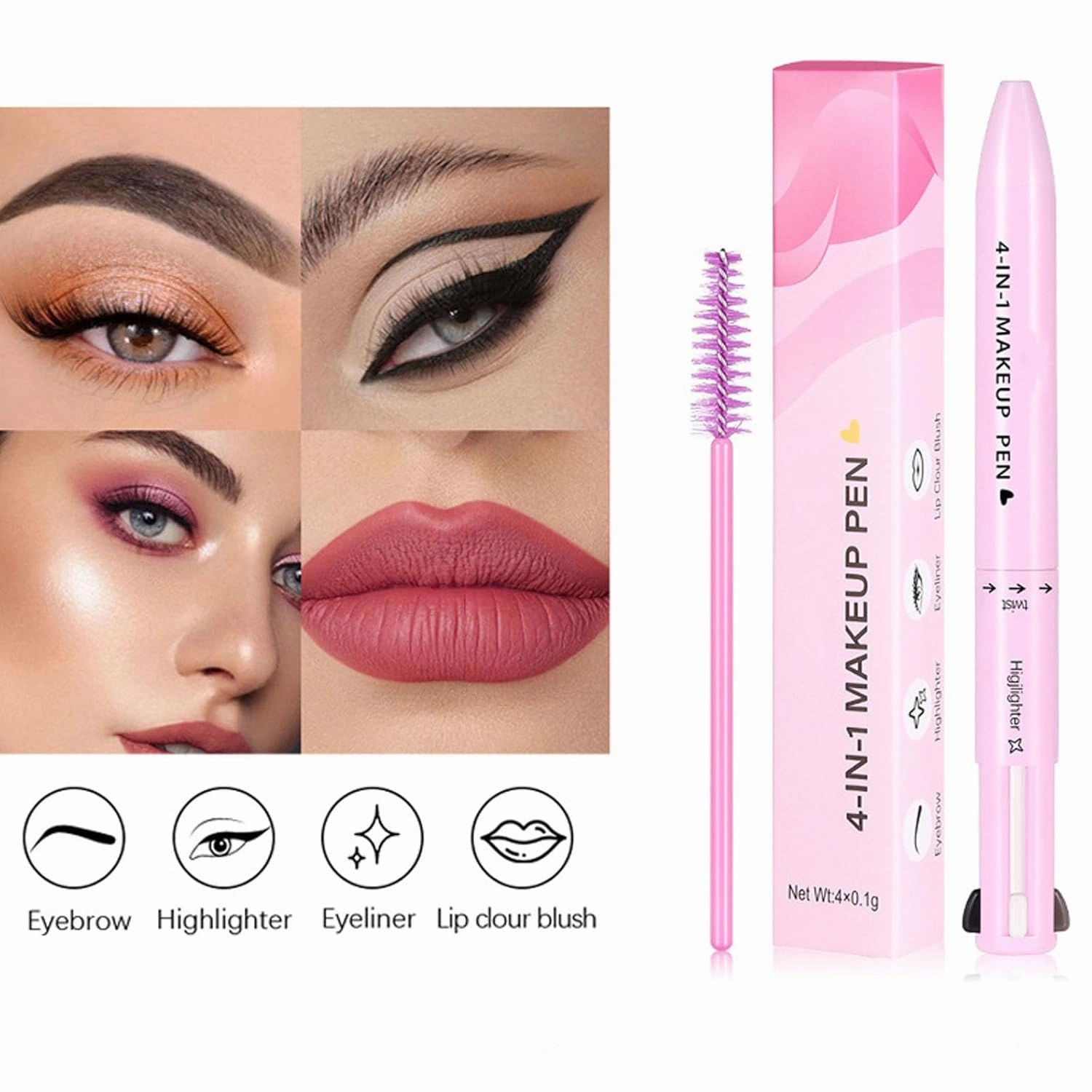 Eternaljoymart Eyebrow Pen, 4 in 1 Makeup Pen, Eyeliner, Brow Liner, Lip Liner & Eyebrow Pencil, Waterproof Highlighter Long-Lasting, Multifunction Face Beauty Pencil for Woman (01#)