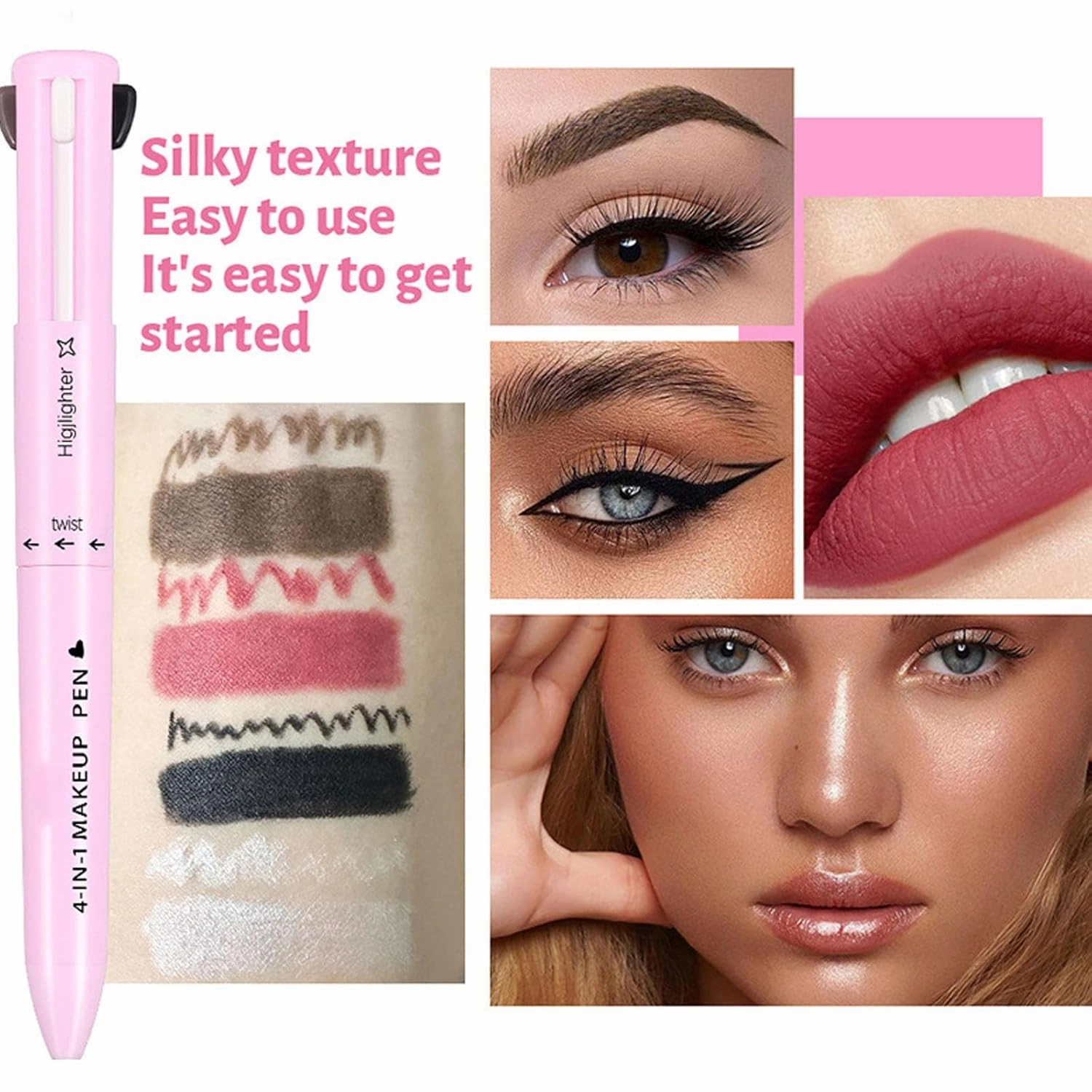 Eternaljoymart Eyebrow Pen, 4 in 1 Makeup Pen, Eyeliner, Brow Liner, Lip Liner & Eyebrow Pencil, Waterproof Highlighter Long-Lasting, Multifunction Face Beauty Pencil for Woman (01#)