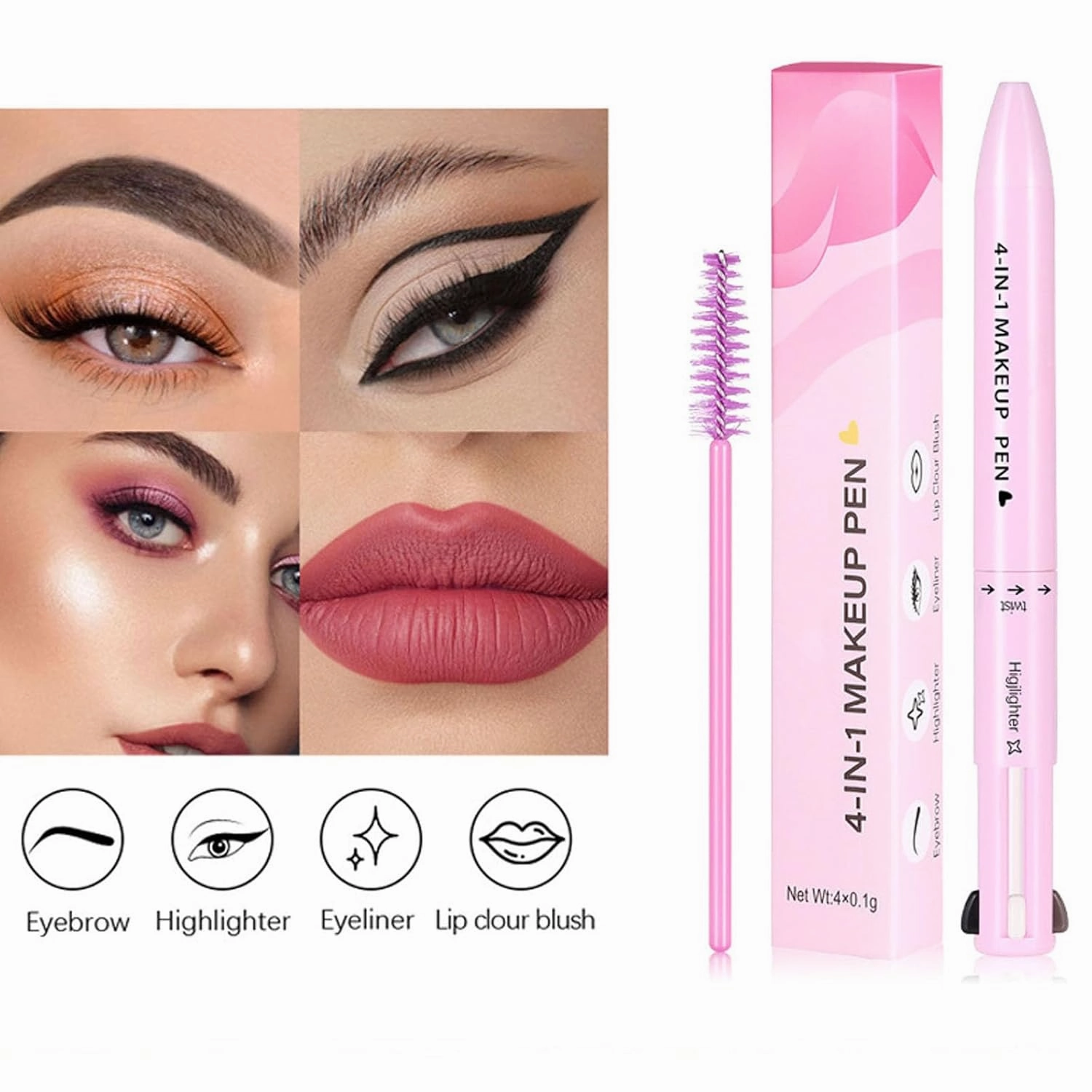 Eternaljoymart Eyebrow Pen, Eternaljoymart 4 in 1 Makeup Pen, 4 Color Multi Use Makeup Beauty Pens - Eyeliner, Lip Liner, Brow Pencil and Highlighter, Waterproof, Long Lasting (#1 #3)