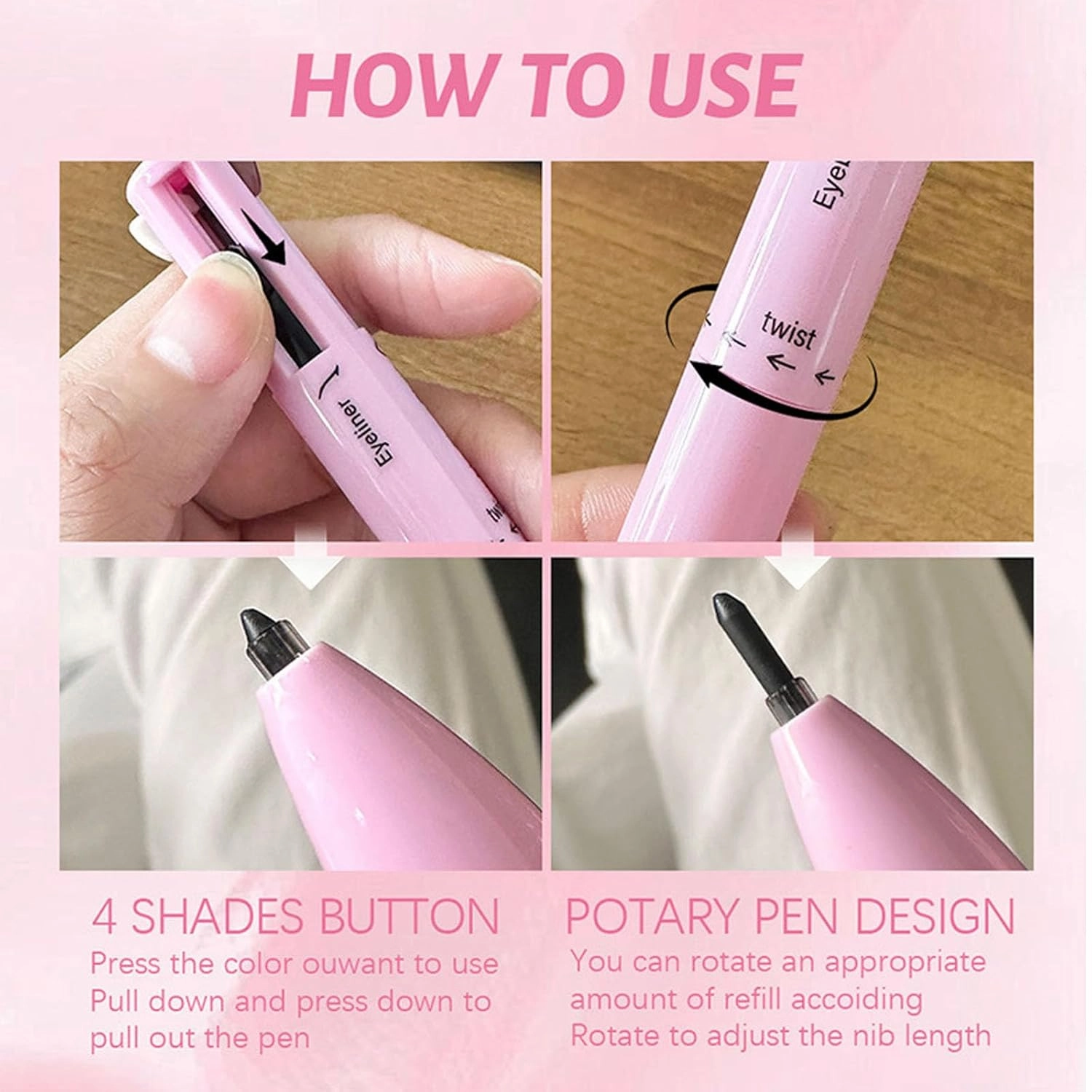 Eternaljoymart Eyebrow Pen, Eternaljoymart 4 in 1 Makeup Pen, 4 Color Multi Use Makeup Beauty Pens - Eyeliner, Lip Liner, Brow Pencil and Highlighter, Waterproof, Long Lasting (#1 #3)
